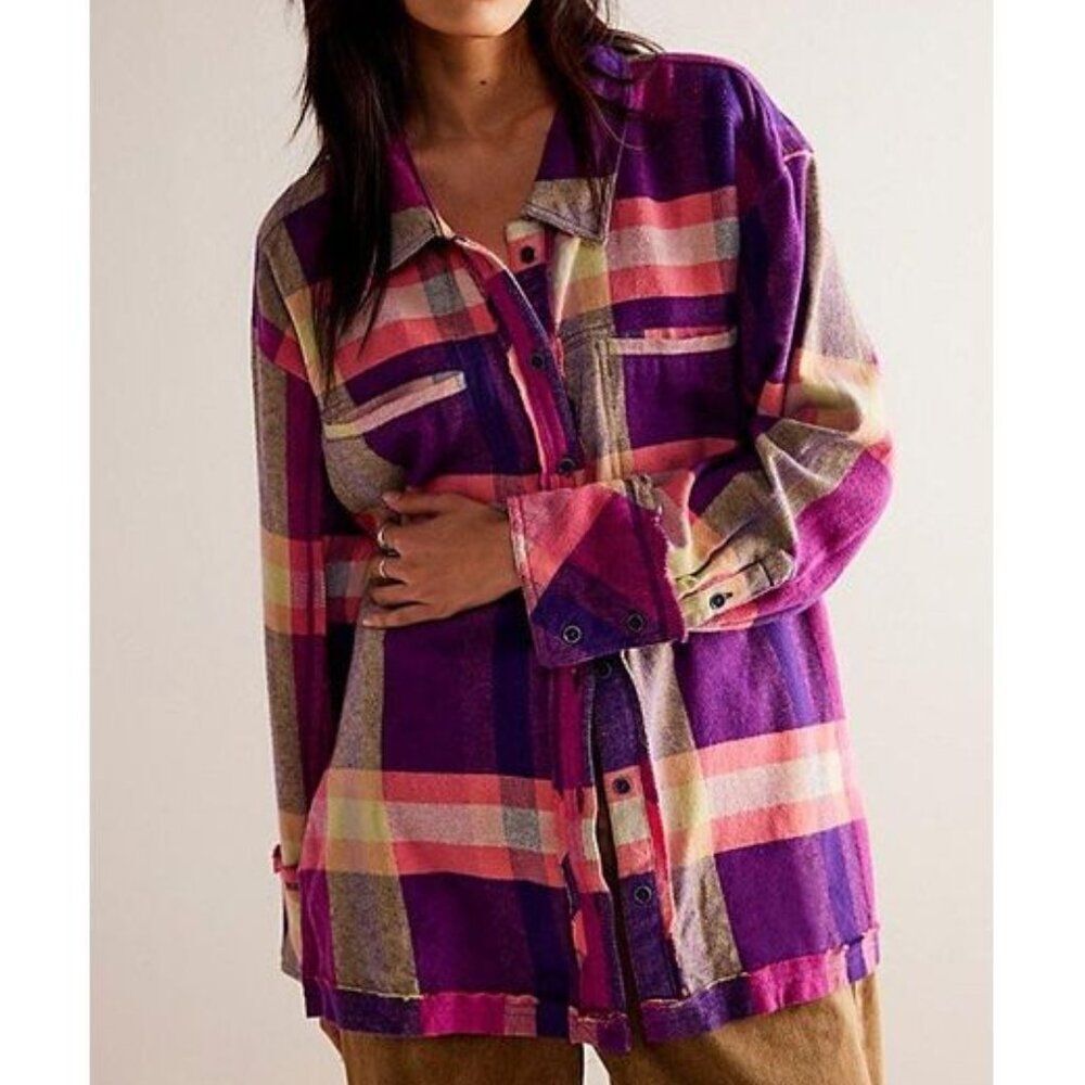 FREE POEPLE We The Free -So Long Summer Pink Green Combo‎  Plaid Top Size S NWT
